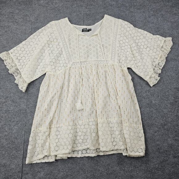 Natura Blouse Womens Small Boho Eyelet Lace Tunic Cotton Relaxed Coastal Beach - Picture 1 of 6